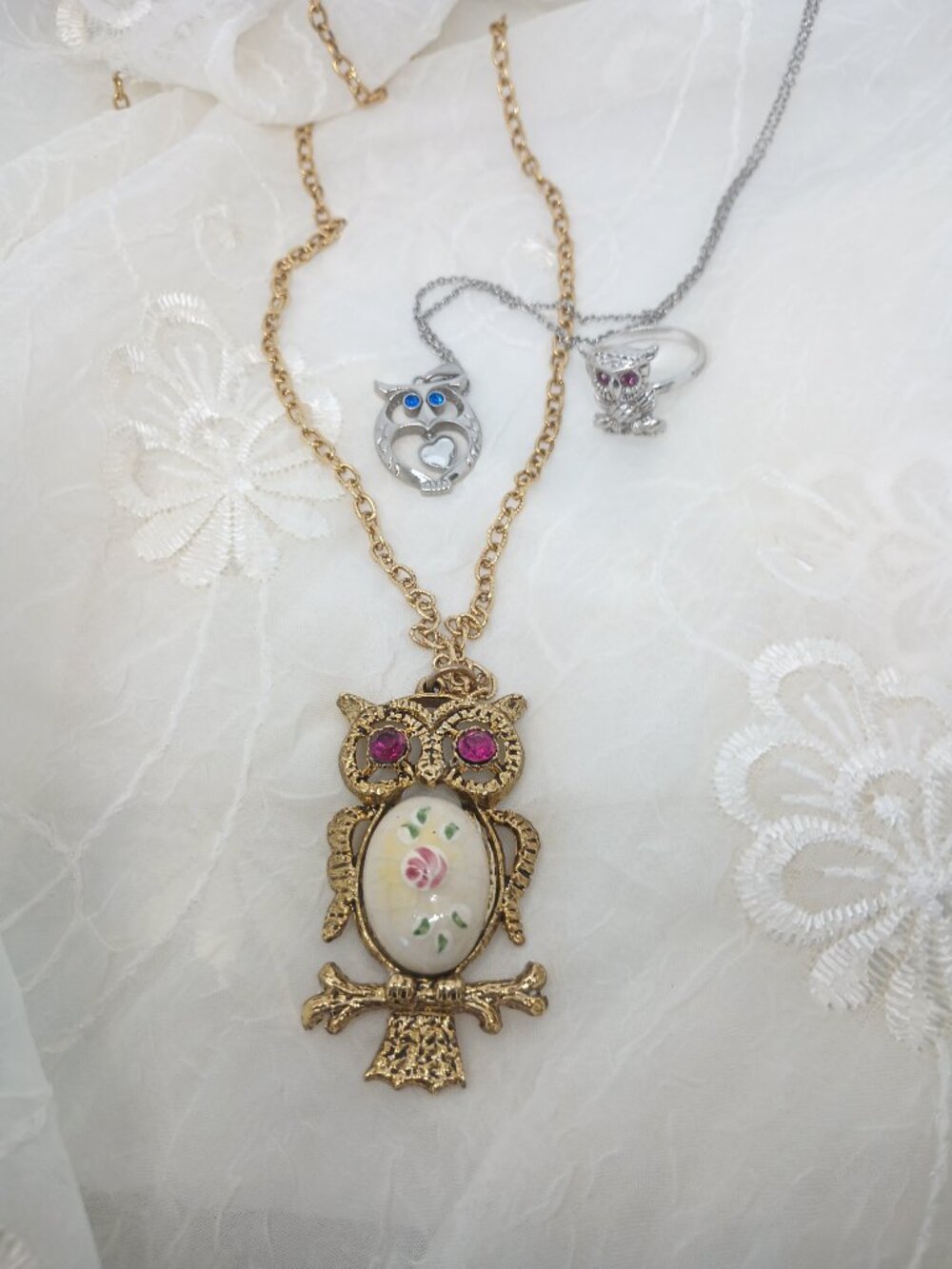 Owl lot~Pink Rhinestone Jelly Belly Necklace,Sarah Cov Ring, Blue Eyed Steel Owl - Picture 4 of 11